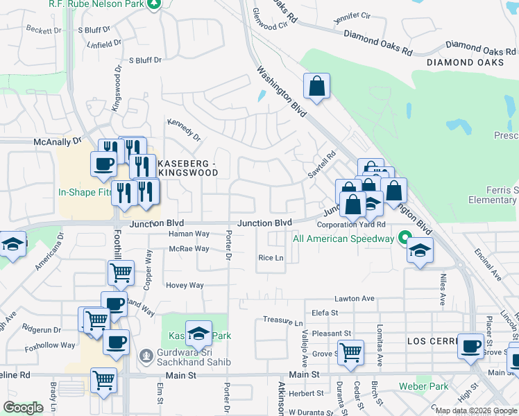 map of restaurants, bars, coffee shops, grocery stores, and more near 630 Springfield Circle in Roseville