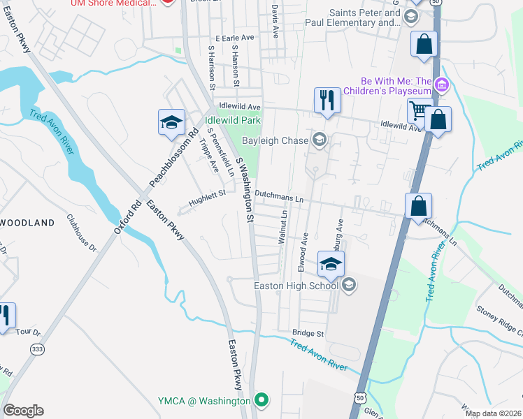 map of restaurants, bars, coffee shops, grocery stores, and more near 303 Linden Avenue in Easton