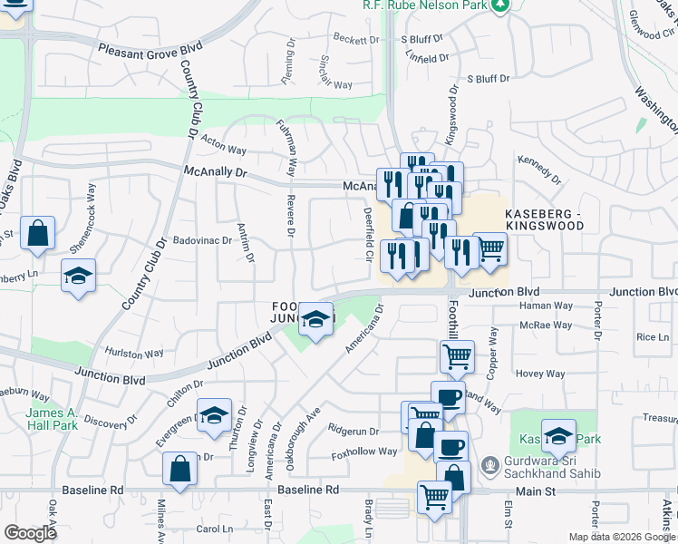 map of restaurants, bars, coffee shops, grocery stores, and more near 1206 Constitution Court in Roseville
