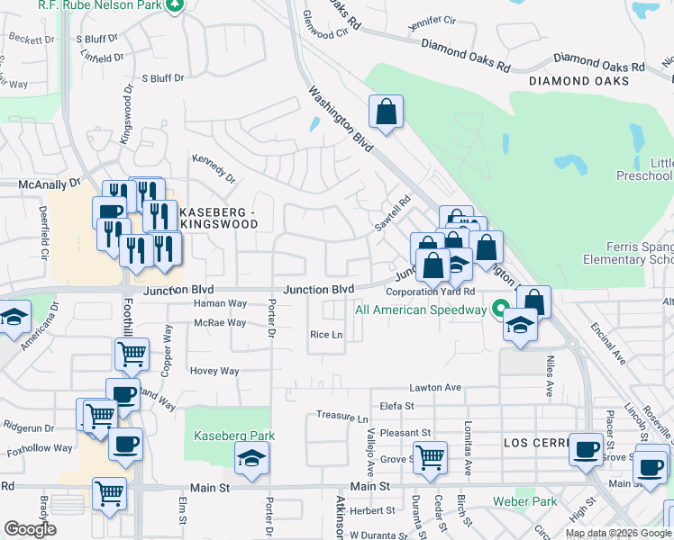 map of restaurants, bars, coffee shops, grocery stores, and more near 343 Hemphill Way in Roseville