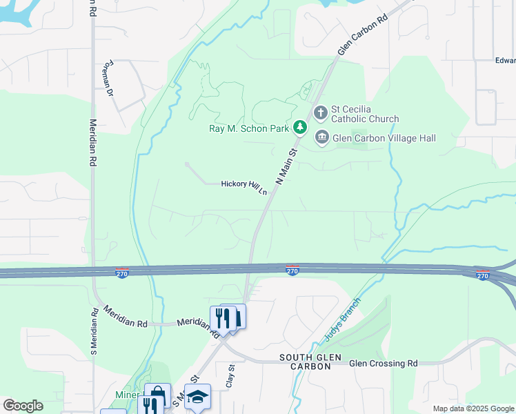 map of restaurants, bars, coffee shops, grocery stores, and more near 6 West Ingle Drive in Glen Carbon