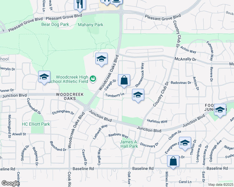 map of restaurants, bars, coffee shops, grocery stores, and more near 1215 Turnberry Lane in Roseville