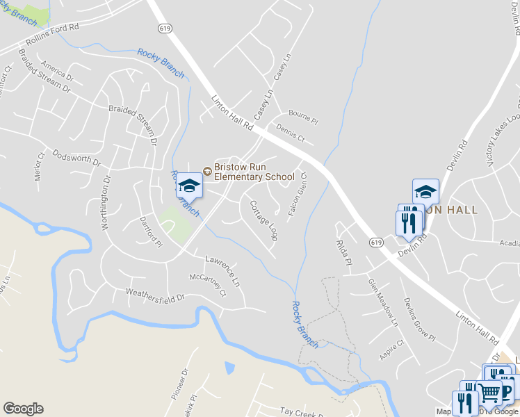 map of restaurants, bars, coffee shops, grocery stores, and more near 9055 Cottage Loop in Bristow