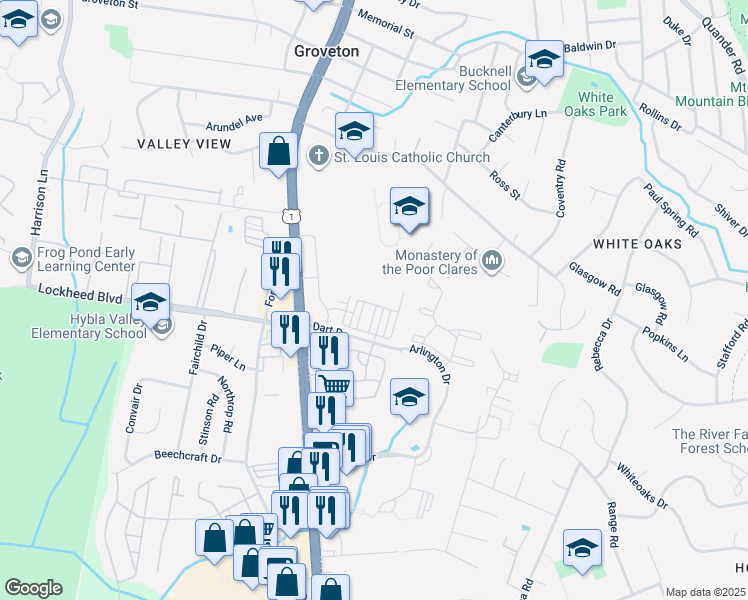 map of restaurants, bars, coffee shops, grocery stores, and more near 2818 Hokie Lane in Hybla Valley