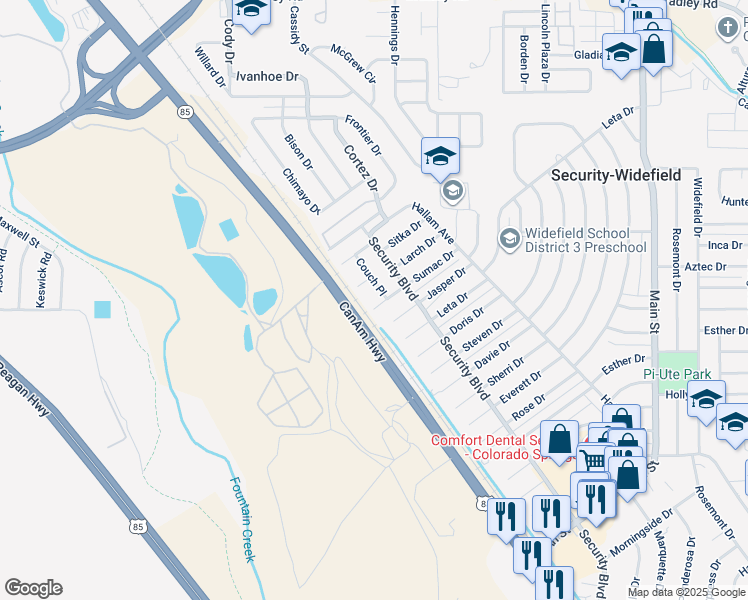 map of restaurants, bars, coffee shops, grocery stores, and more near 76 Sumac Drive in Colorado Springs