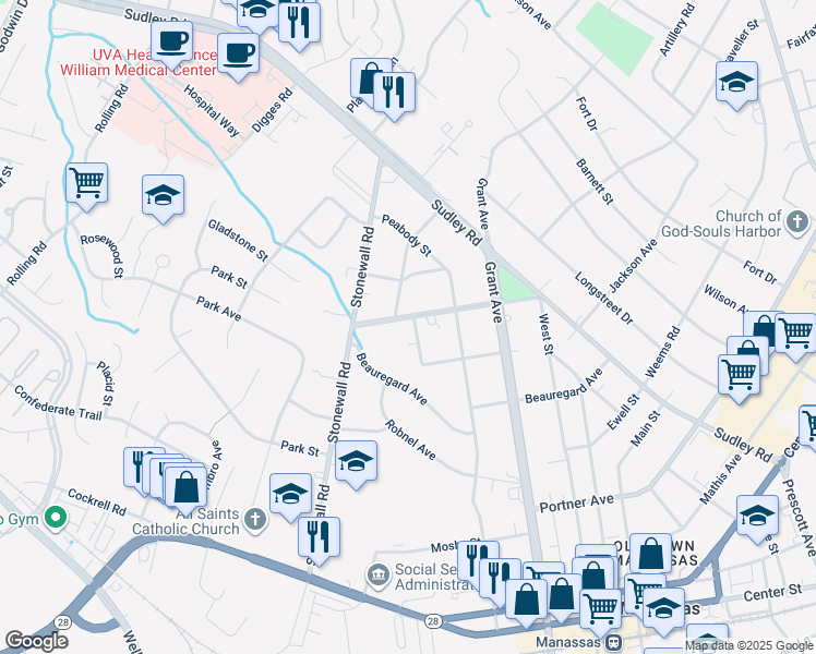 map of restaurants, bars, coffee shops, grocery stores, and more near 9401 Stuart Avenue in Manassas