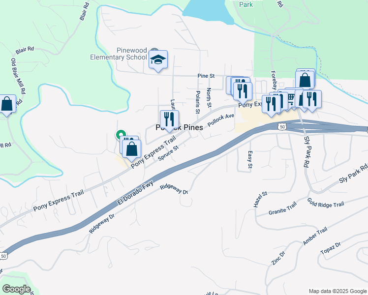 map of restaurants, bars, coffee shops, grocery stores, and more near 6256 Spruce Street in Pollock Pines