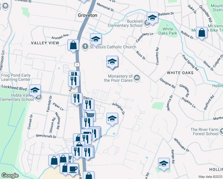 map of restaurants, bars, coffee shops, grocery stores, and more near 7203 Mountaineer Drive in Hybla Valley