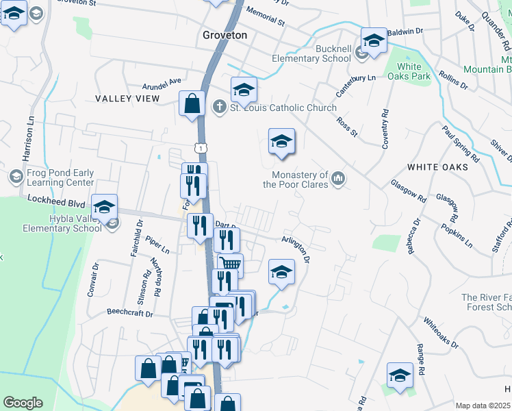 map of restaurants, bars, coffee shops, grocery stores, and more near 2820 Hokie Lane in Hybla Valley