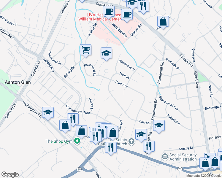 map of restaurants, bars, coffee shops, grocery stores, and more near 9624 Park Street in Manassas