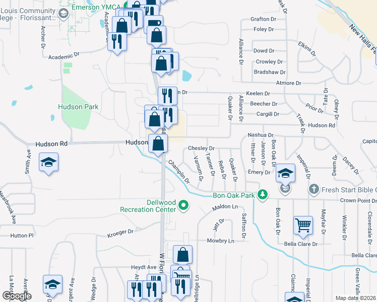 map of restaurants, bars, coffee shops, grocery stores, and more near 1532 Chesley Drive in St. Louis