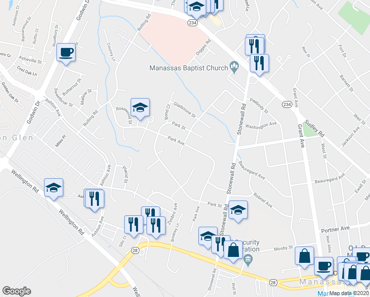 map of restaurants, bars, coffee shops, grocery stores, and more near 9090 Park Avenue in Manassas
