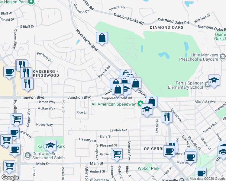 map of restaurants, bars, coffee shops, grocery stores, and more near 1051 Junction Blvd in Roseville