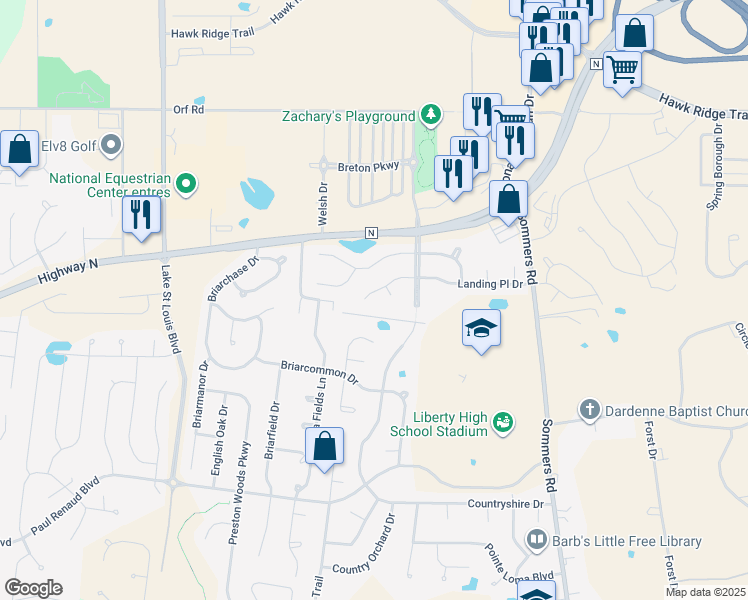 map of restaurants, bars, coffee shops, grocery stores, and more near 1114 Landing Place Drive in O'Fallon