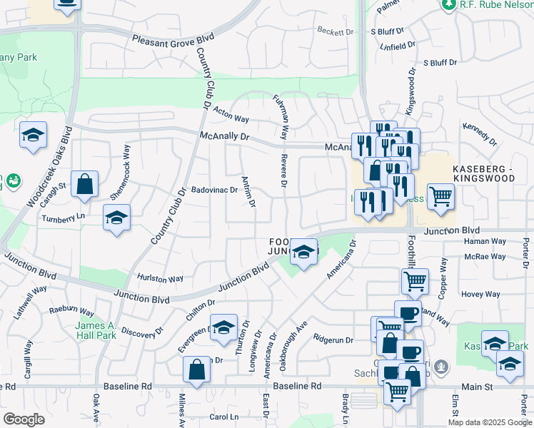map of restaurants, bars, coffee shops, grocery stores, and more near 1406 Everett Way in Roseville