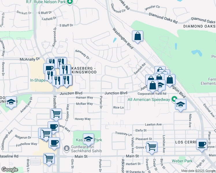map of restaurants, bars, coffee shops, grocery stores, and more near 611 Springfield Circle in Roseville