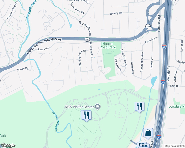 map of restaurants, bars, coffee shops, grocery stores, and more near 7302 Bonniemill Lane in Springfield