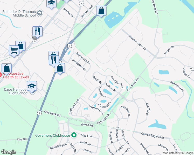 map of restaurants, bars, coffee shops, grocery stores, and more near 16634 Shoal Road in Lewes