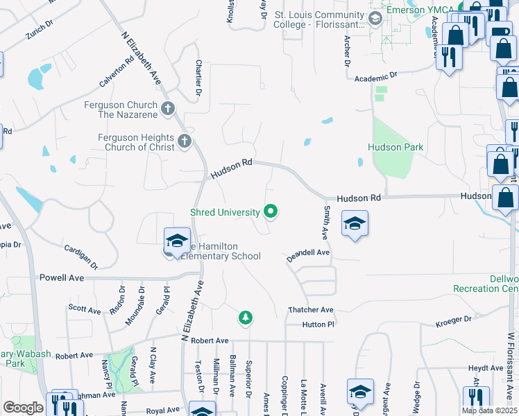 map of restaurants, bars, coffee shops, grocery stores, and more near 1107 Chatelet Drive in Ferguson