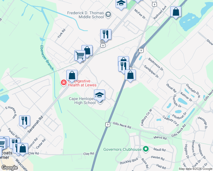 map of restaurants, bars, coffee shops, grocery stores, and more near 73 Henlopen Gardens in Lewes