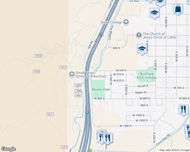 map of restaurants, bars, coffee shops, grocery stores, and more near 1100 West 600 South in Richfield