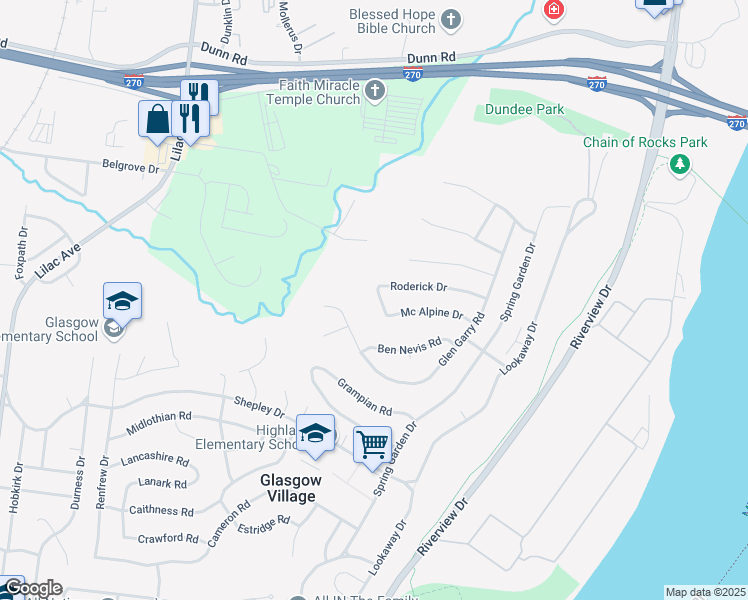 map of restaurants, bars, coffee shops, grocery stores, and more near 265 Roderick Drive in St. Louis