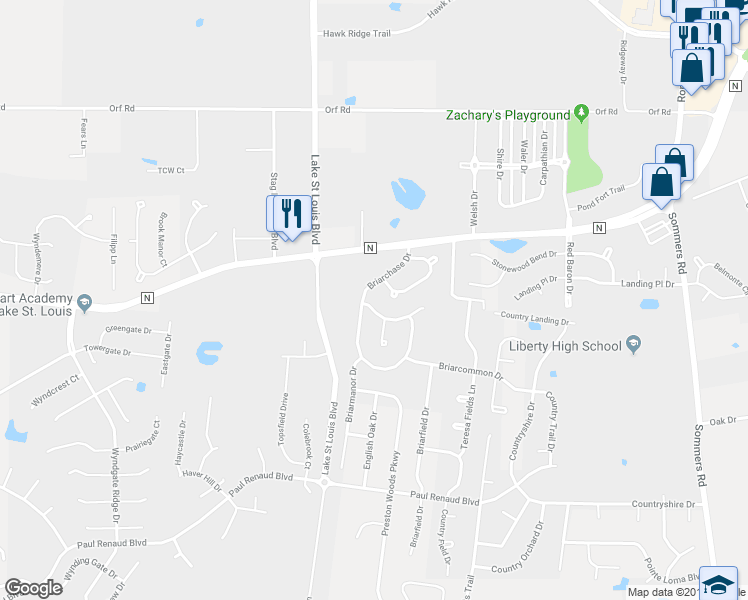 map of restaurants, bars, coffee shops, grocery stores, and more near 403 Briarchase Drive in Lake Saint Louis