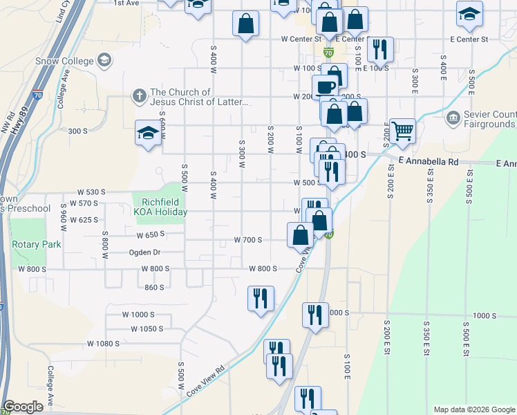 map of restaurants, bars, coffee shops, grocery stores, and more near 250 West 600 South in Richfield