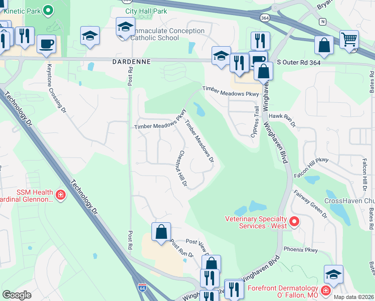 map of restaurants, bars, coffee shops, grocery stores, and more near 224 Chestnut Hill Dr in O'Fallon