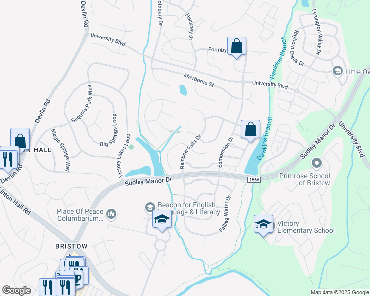 map of restaurants, bars, coffee shops, grocery stores, and more near 12301 Indigo Springs Court in Bristow