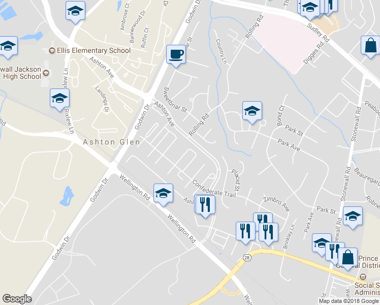 map of restaurants, bars, coffee shops, grocery stores, and more near 9040 Bonham Circle in Manassas