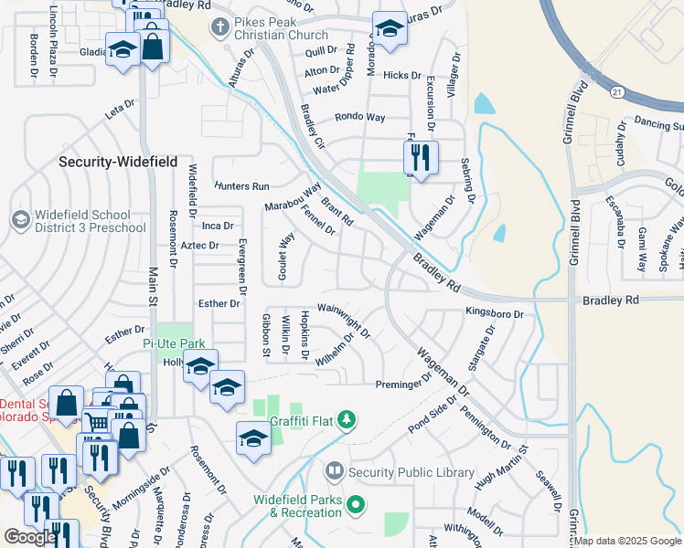map of restaurants, bars, coffee shops, grocery stores, and more near 4835 Expedition Drive in Colorado Springs