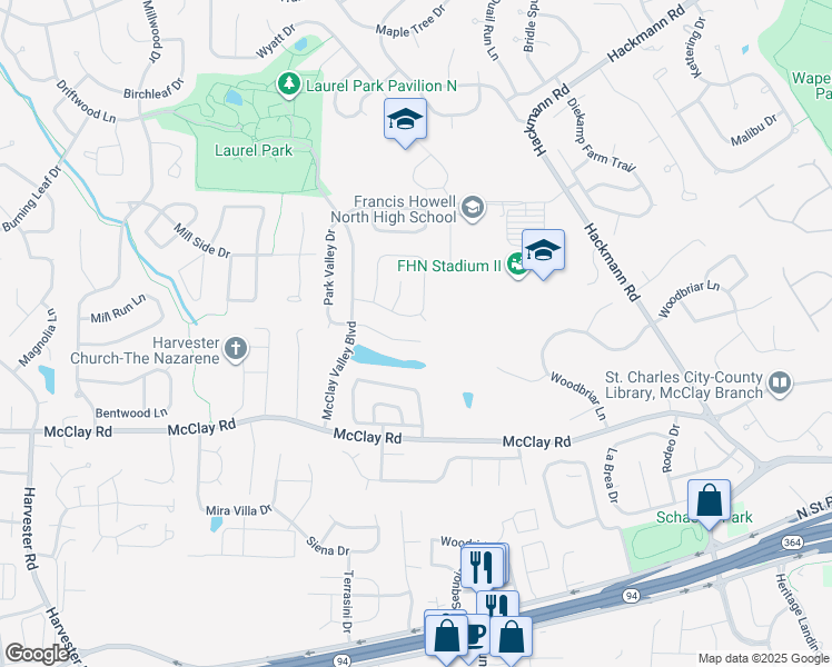 map of restaurants, bars, coffee shops, grocery stores, and more near 107 Park Valley Ct in St Peters
