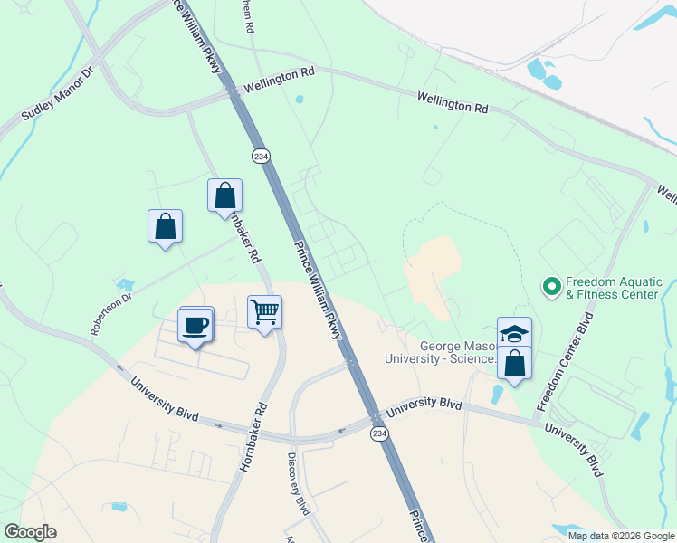 map of restaurants, bars, coffee shops, grocery stores, and more near 8670 Lovelace Street in Manassas
