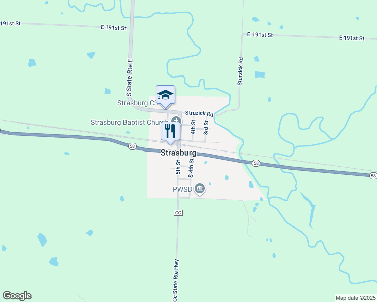 map of restaurants, bars, coffee shops, grocery stores, and more near in Strasburg