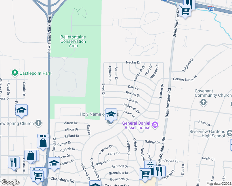 map of restaurants, bars, coffee shops, grocery stores, and more near 1238 Roxton Drive in St. Louis