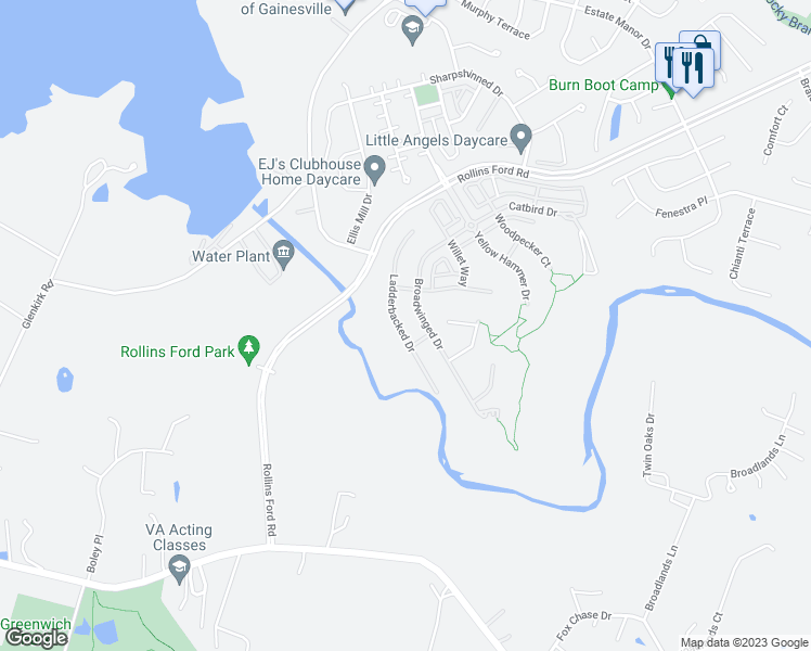 map of restaurants, bars, coffee shops, grocery stores, and more near 14302 Ladderbacked Drive in Gainesville
