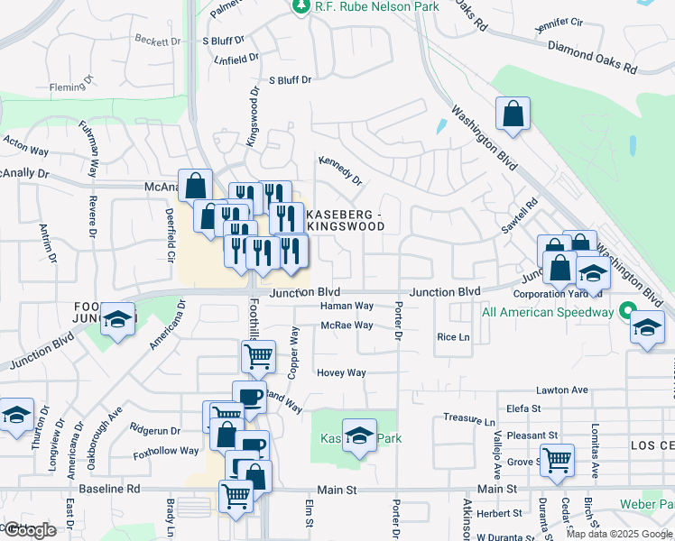 map of restaurants, bars, coffee shops, grocery stores, and more near 300 Micro Court in Roseville
