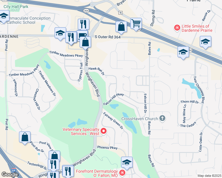 map of restaurants, bars, coffee shops, grocery stores, and more near 837 Hawk Run Trail in O'Fallon