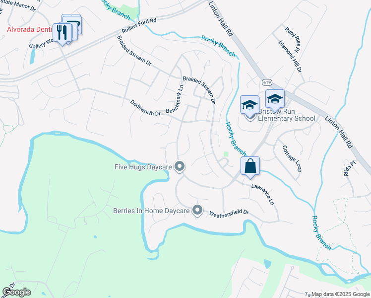 map of restaurants, bars, coffee shops, grocery stores, and more near 13460 Falcon View Court in Bristow