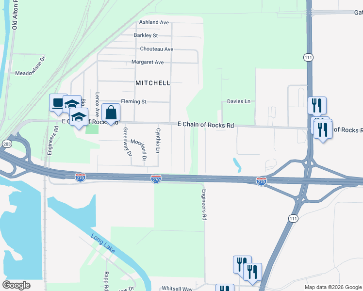 map of restaurants, bars, coffee shops, grocery stores, and more near 116 Kinder Lane in Granite City