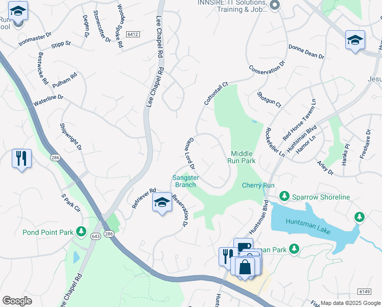 map of restaurants, bars, coffee shops, grocery stores, and more near 7104 Game Lord Drive in Springfield