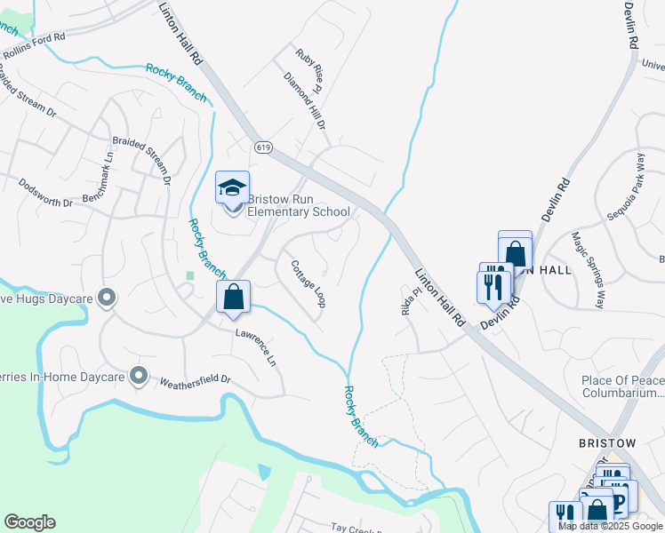 map of restaurants, bars, coffee shops, grocery stores, and more near 13237 Golders Green Place in Bristow