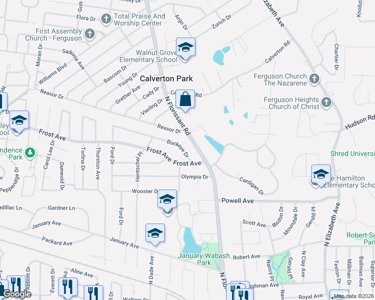map of restaurants, bars, coffee shops, grocery stores, and more near 7 Buckeye Drive in Ferguson