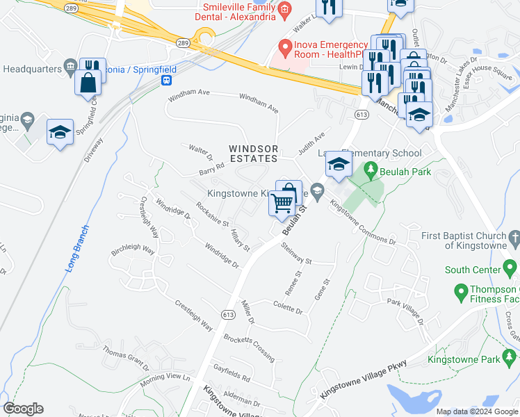 map of restaurants, bars, coffee shops, grocery stores, and more near 6337 Hillary Court in Alexandria
