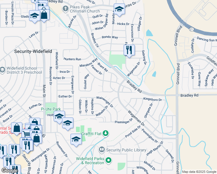 map of restaurants, bars, coffee shops, grocery stores, and more near 4835 Expedition Drive in Colorado Springs