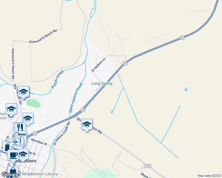 map of restaurants, bars, coffee shops, grocery stores, and more near 20650 California 29 in Middletown