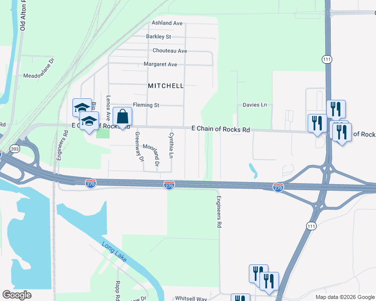 map of restaurants, bars, coffee shops, grocery stores, and more near 116 Kinder Lane in Granite City