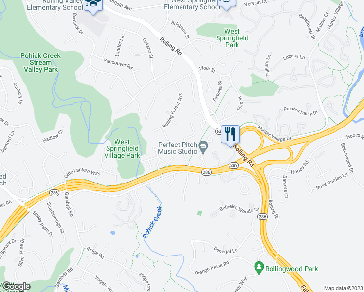 map of restaurants, bars, coffee shops, grocery stores, and more near 7337 Stream Way in West Springfield