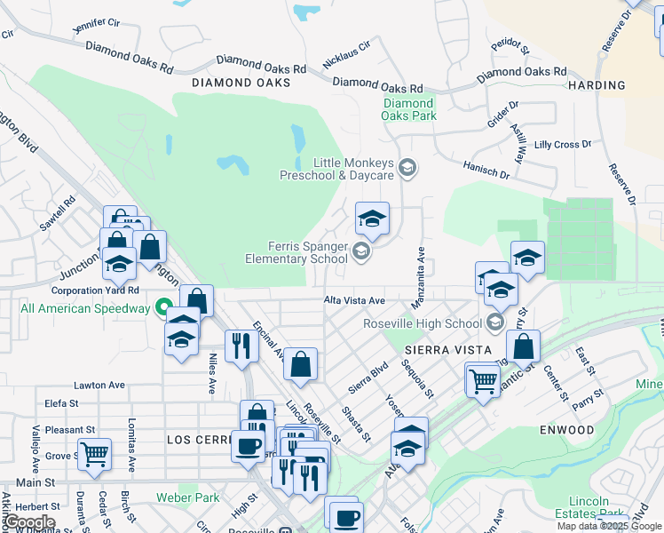 map of restaurants, bars, coffee shops, grocery stores, and more near 616 Shasta Oaks Circle in Roseville